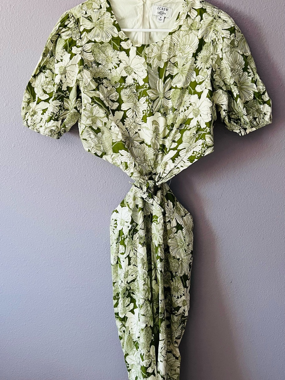 J. Crew Olive and White Floral Tie-Front Midi Dress